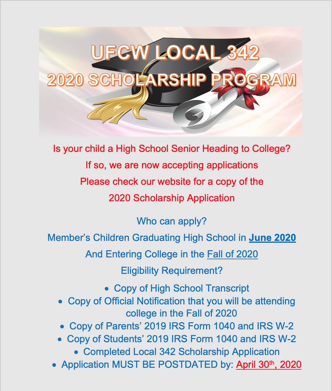 2020 Local 342 Scholarship Program UFCW Local 342